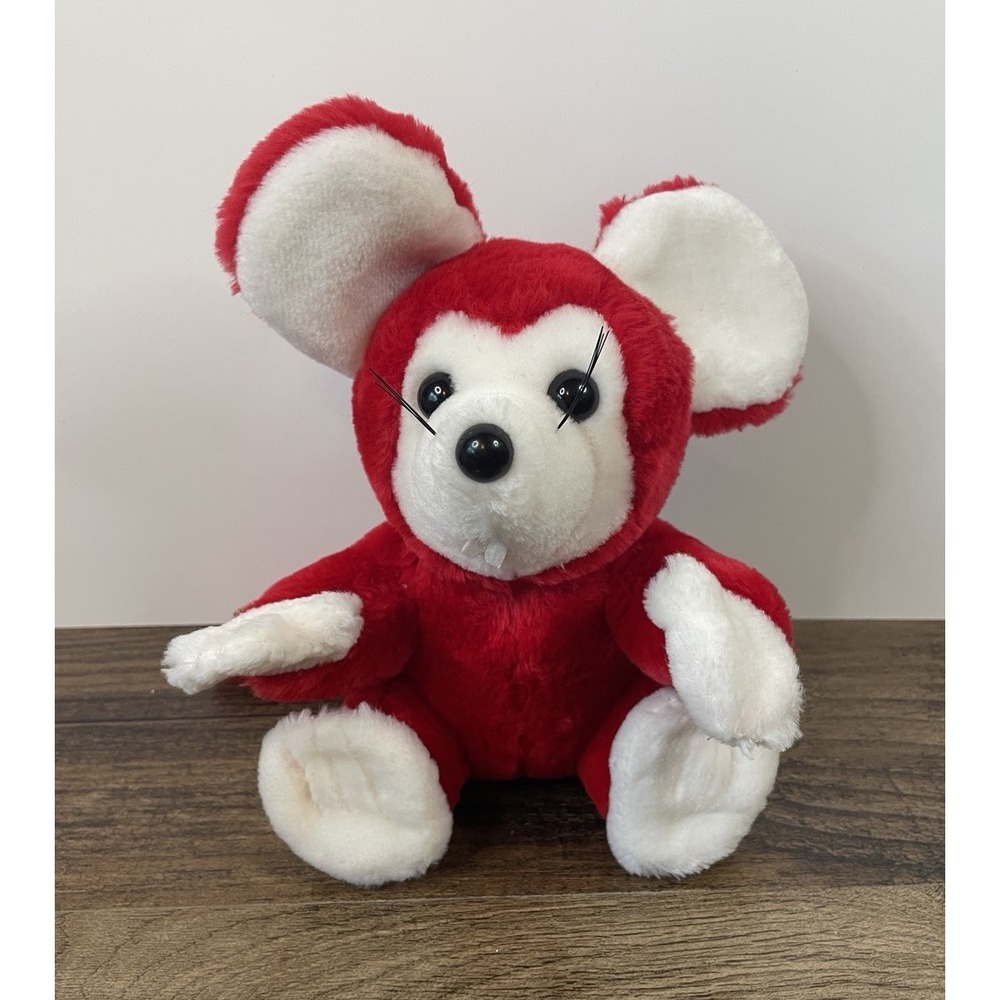 Vintage Red & White 8" Stuffed Mouse Plush Hard Eyes Nose Pacific Brand Korea